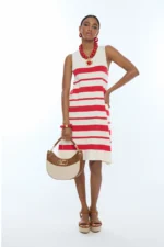 Short Knitted Dress with Wide Straps A-line Irregular Stripe Red-Ecru