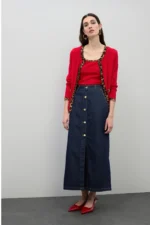 Long Denim Skirt with Leopard Trim Details on Pockets
