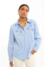 Striped Poplin Shirt with Shoulder Flowers