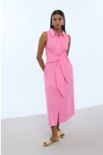 Sleeveless Knot Detail Poplin Shirtdress Pink