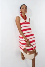 Short Knitted Dress with Wide Straps A-line Irregular Stripe Red-Ecru - Image 4