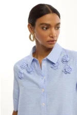 Short Embroidered Floral Striped Poplin Dress - Image 5