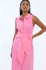 Sleeveless Knot Detail Poplin Shirtdress Pink - Image 3