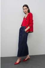 Long Denim Skirt with Leopard Trim Details on Pockets - Image 5