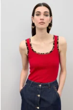 Red Top with Animal Print Rib Contrast