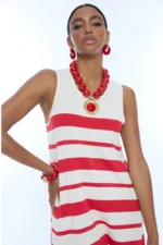 Short Knitted Dress with Wide Straps A-line Irregular Stripe Red-Ecru - Image 3