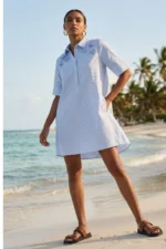 Short Embroidered Floral Striped Poplin Dress
