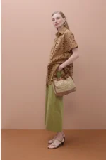Oversized short sleeved shirt with perforated detailing Camel - Image 3
