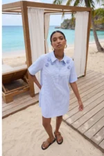 Short Embroidered Floral Striped Poplin Dress - Image 6