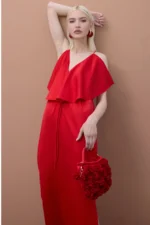 Ruffled V-Neck Red Dress - Image 5