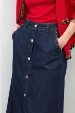 Long Denim Skirt with Leopard Trim Details on Pockets - Image 4