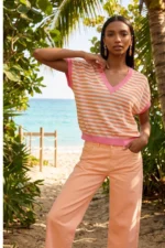 Short Sleeve Bicolor Striped Sweater