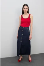 Long Denim Skirt with Leopard Trim Details on Pockets - Image 3