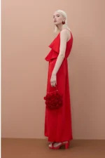 Ruffled V-Neck Red Dress - Image 7