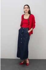 Long Denim Skirt with Leopard Trim Details on Pockets - Image 2