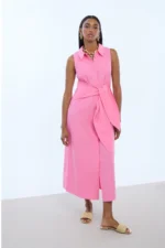 Sleeveless Knot Detail Poplin Shirtdress Pink - Image 5