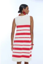 Short Knitted Dress with Wide Straps A-line Irregular Stripe Red-Ecru - Image 2