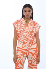 Leaf Print Polo Neck Blouse